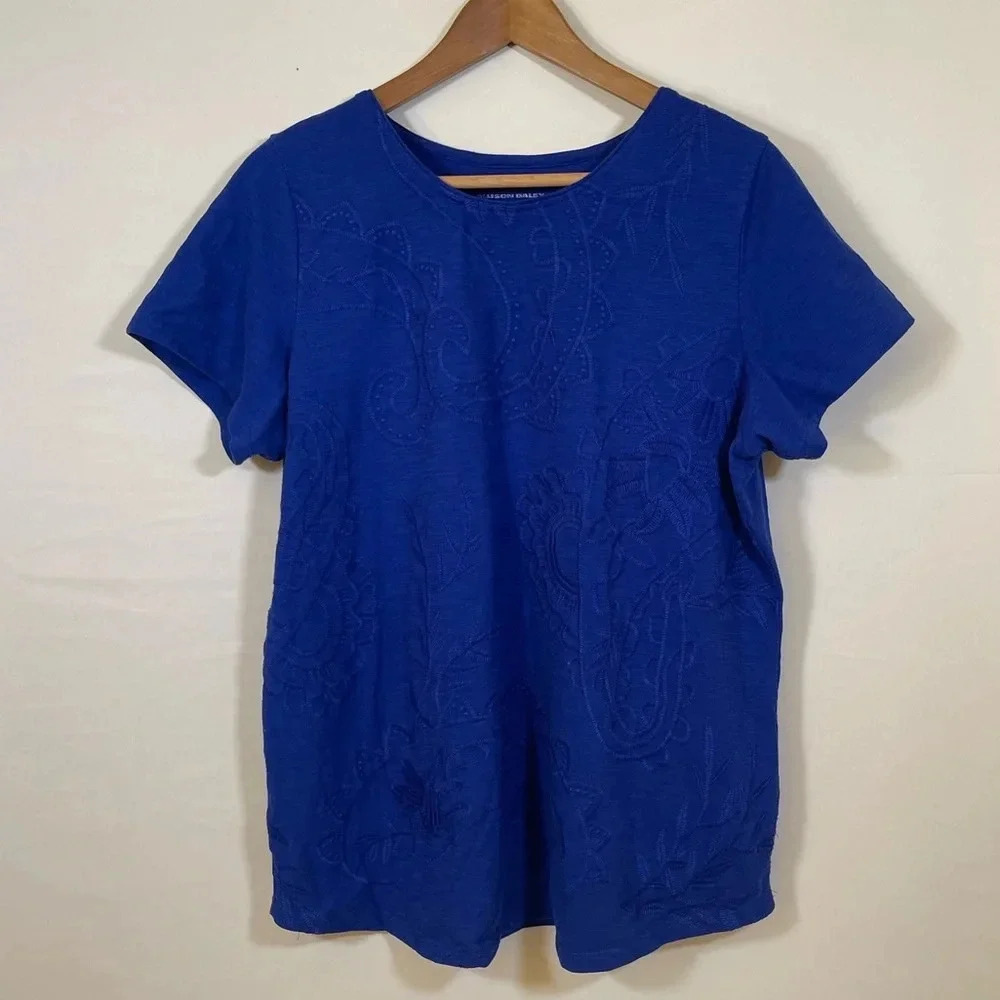 Allison Daley blue floral embroidered short sleeve top XL